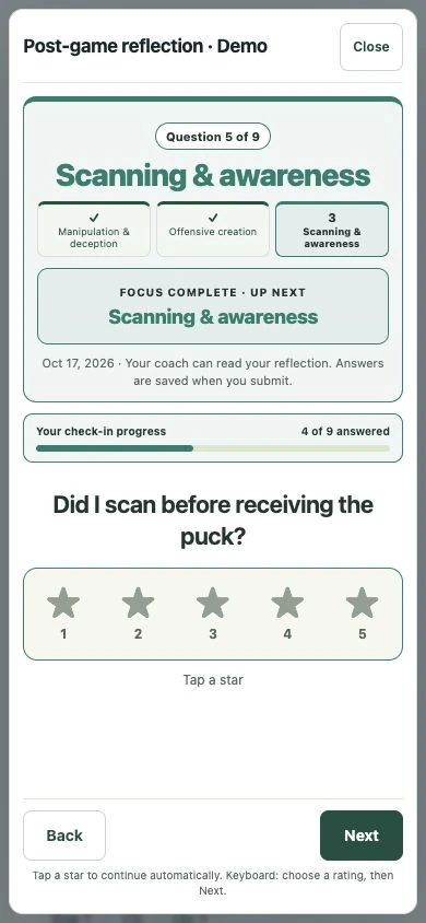 Sample Hockey Hub phone check-in with star ratings
