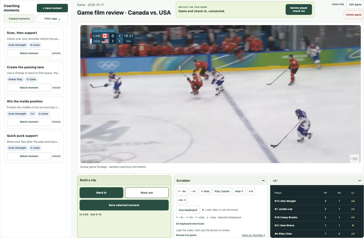 Hockey Hub demo game video and coaching moments